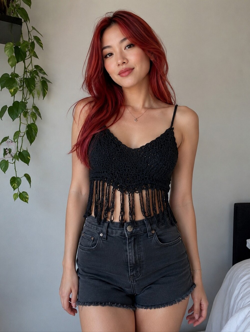 Crochet black tassel cropped tank top